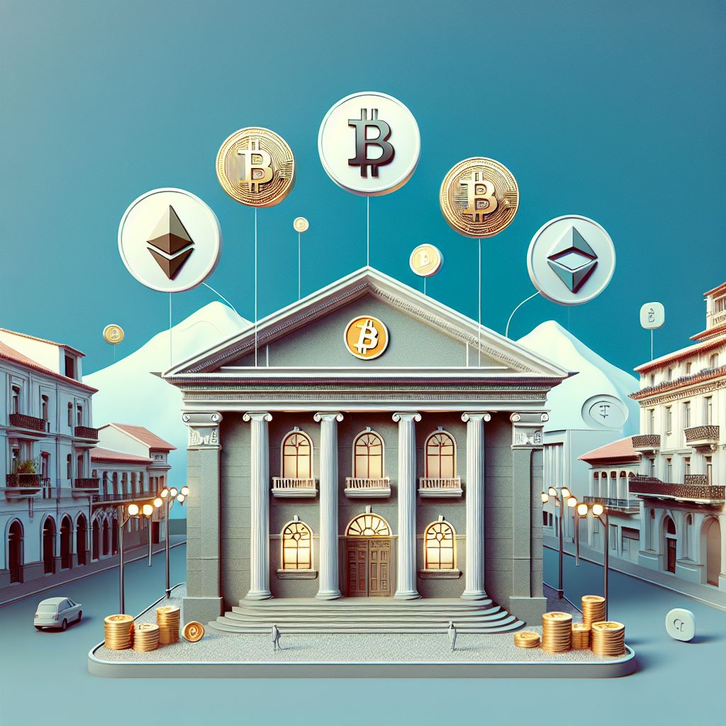 Iconos de criptomonedas frente a edificio bancario boliviano