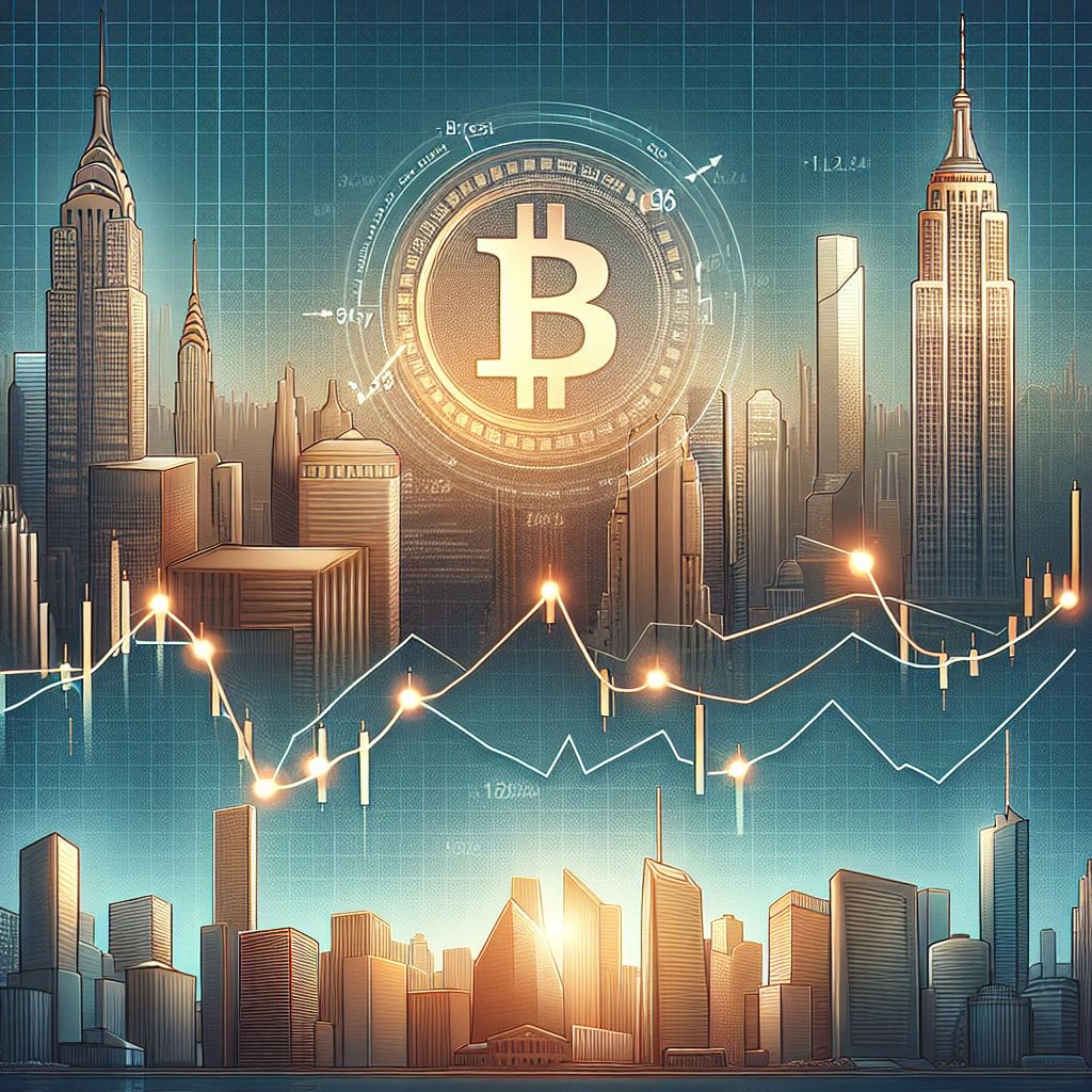 Gráfica de precio de Bitcoin frente a rascacielos de Wall Street