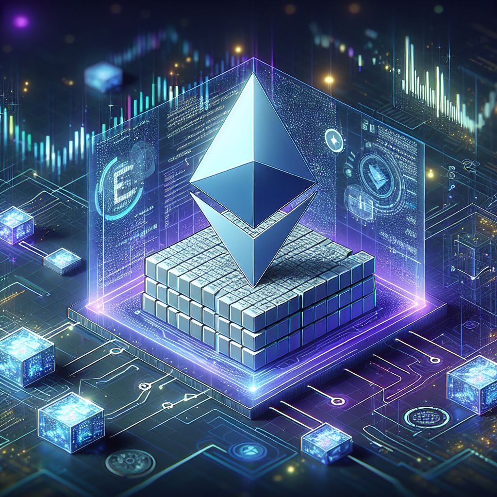 Logotipo de Ethereum sobre bloques digitales y flujos de datos