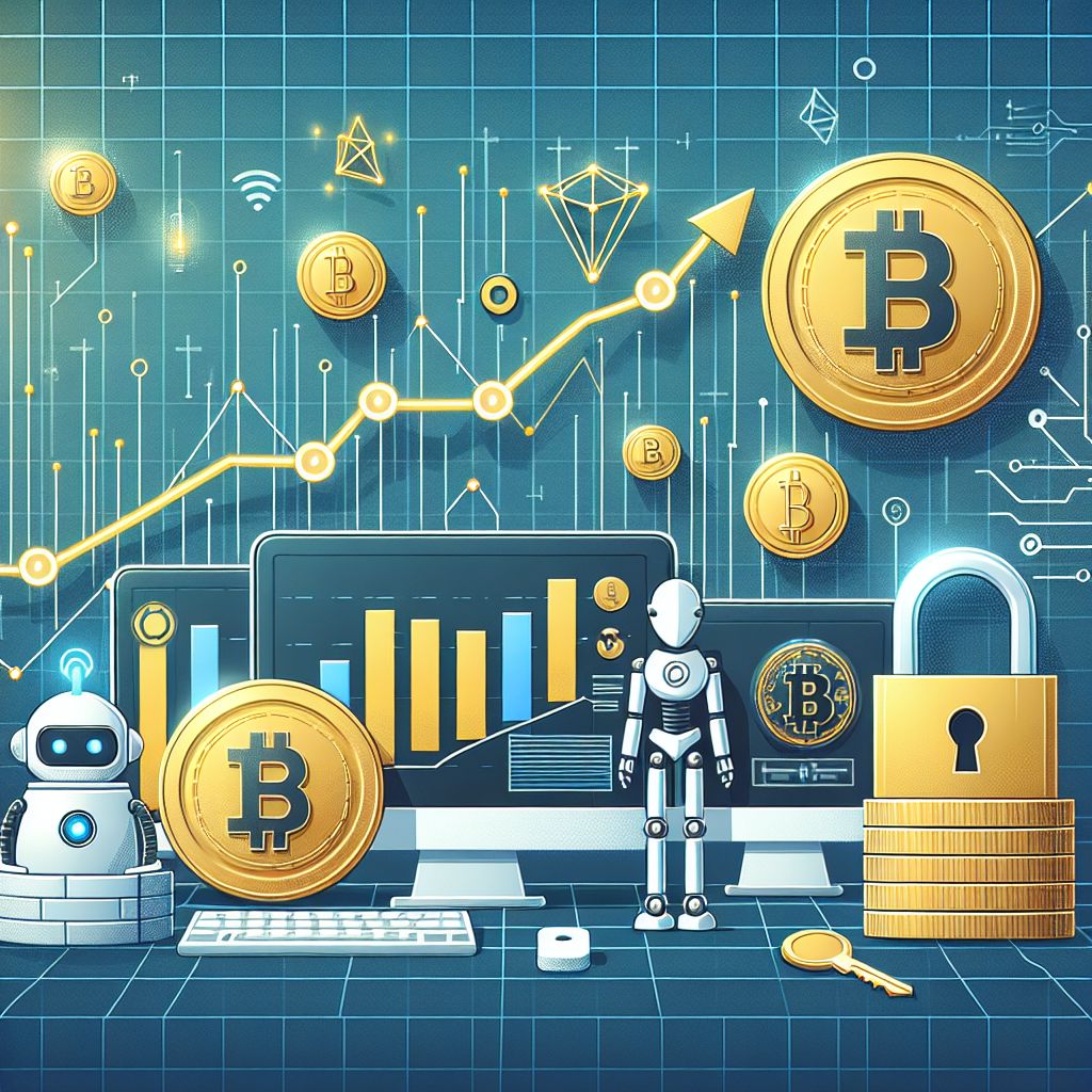 Jetons crypto, graphique haussier, robot et cadenas représentant DeFi et IA.
