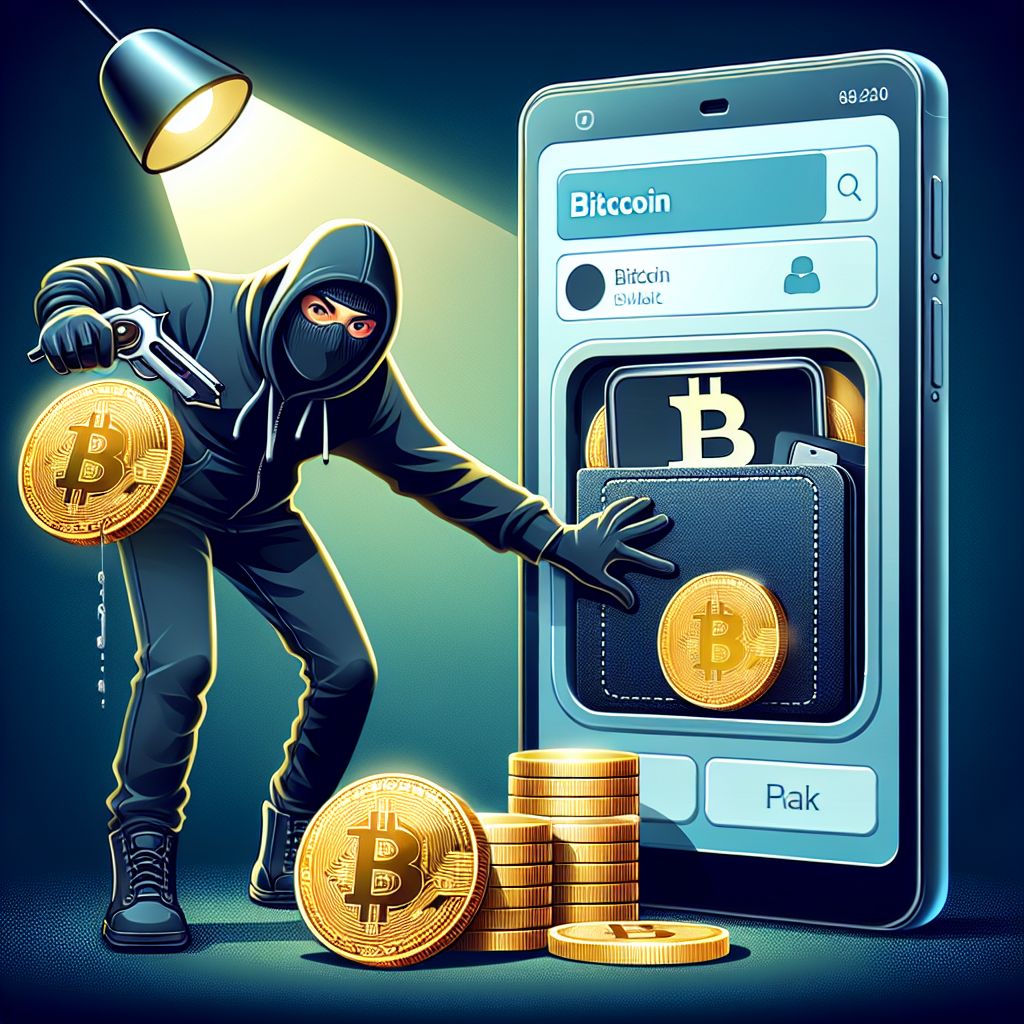 Intrus masqué forçant l'entrée, smartphone affichant portefeuille Bitcoin vulnérable.