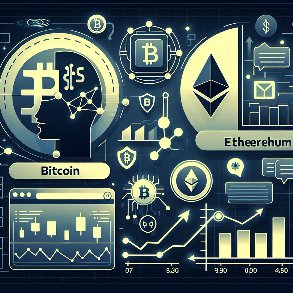 Графики биткоина и эфира, стрелки крупных сделок, значок взлома и ИИ