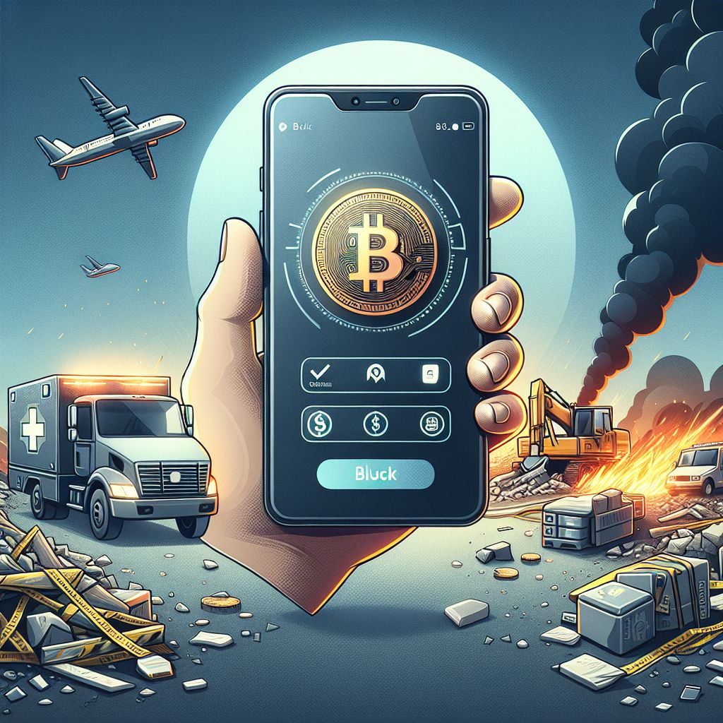Смартфон с криптокошельком на фоне разрушений и грузовиков помощи