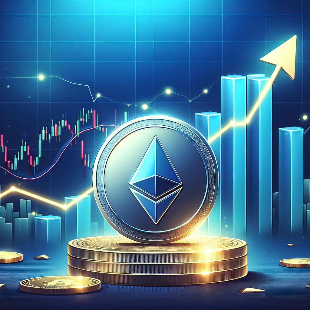 Moneta Ethereum przed wykresem wzrostowym, strzałka sugerująca nadchodzący supercykl