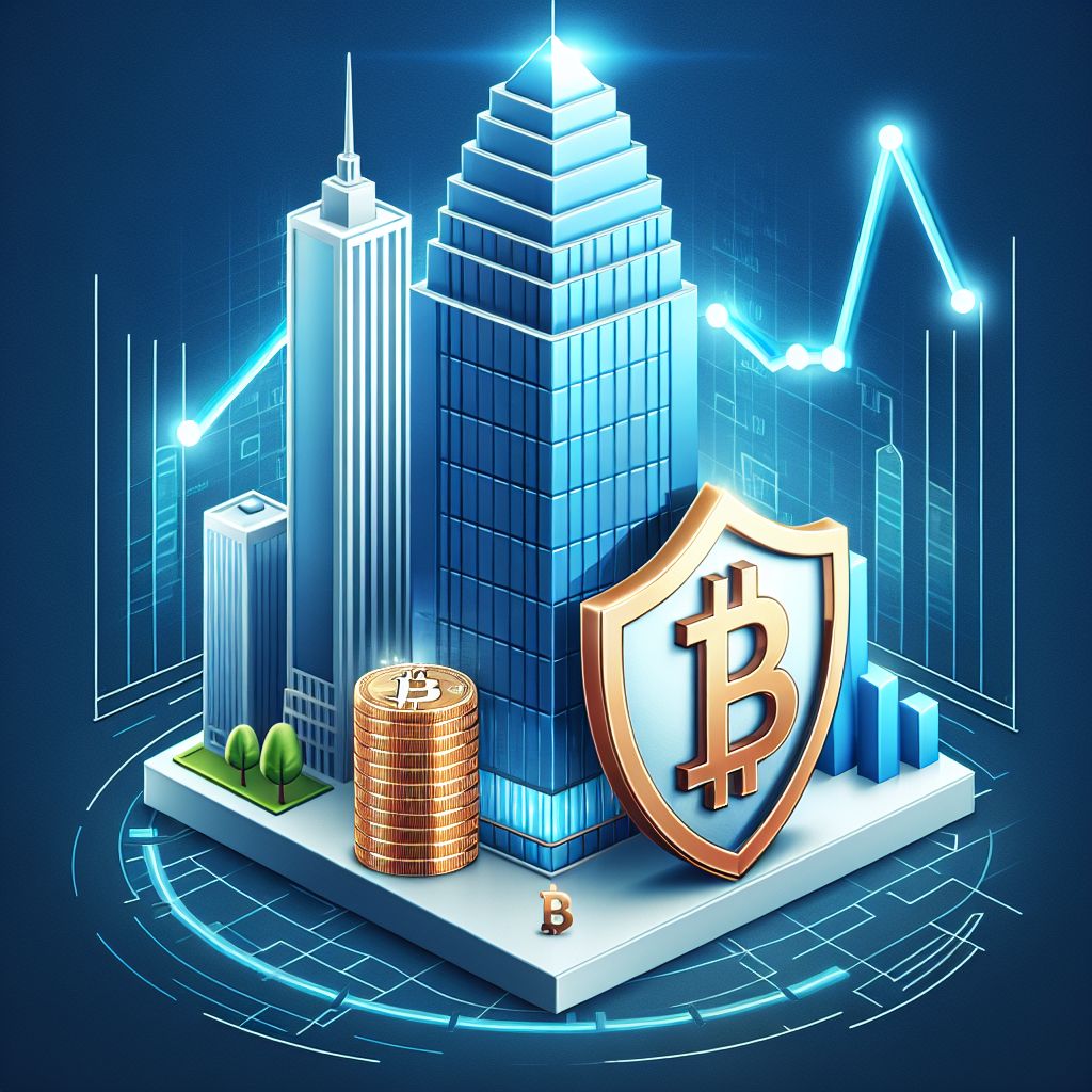 Symbol Bitcoina i korporacyjny wieżowiec za tarczą, wykres spadku z buforem