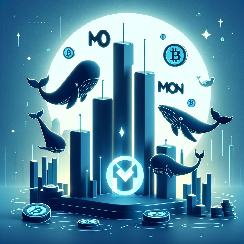 Gráfico candlestick com logotipo MON e silhuetas de baleias