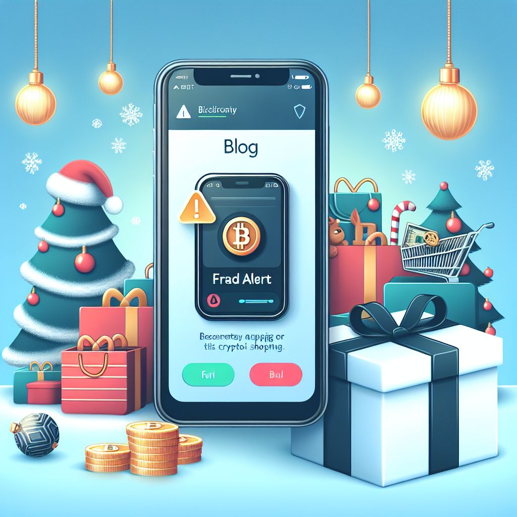 Celular exibindo carteira cripto com alerta de golpe, compras festivas ao fundo