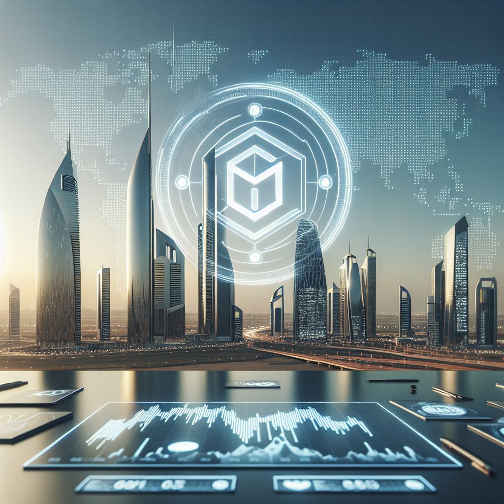 Logotipo RLUSD sobre horizonte de Abu Dhabi e gráficos de mercado