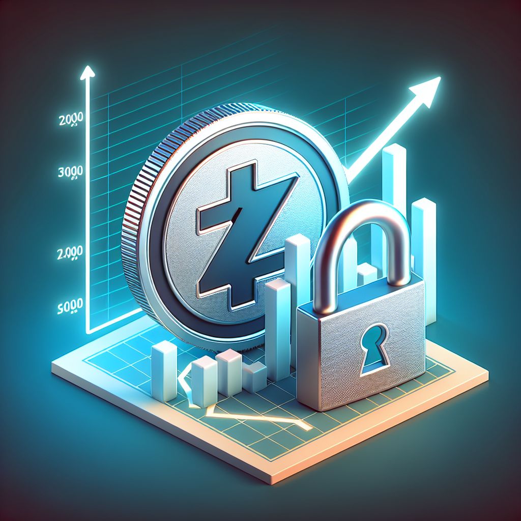 Símbolo ZEC sobre gráfico financiero y candado simbolizando privacidad