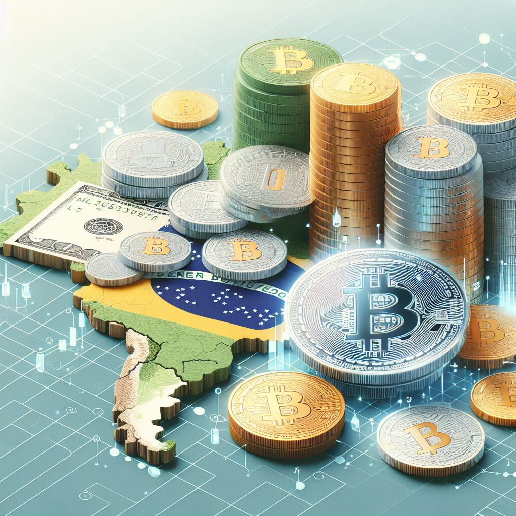 Billetes de real y monedas digitales sobre mapa de Brasil