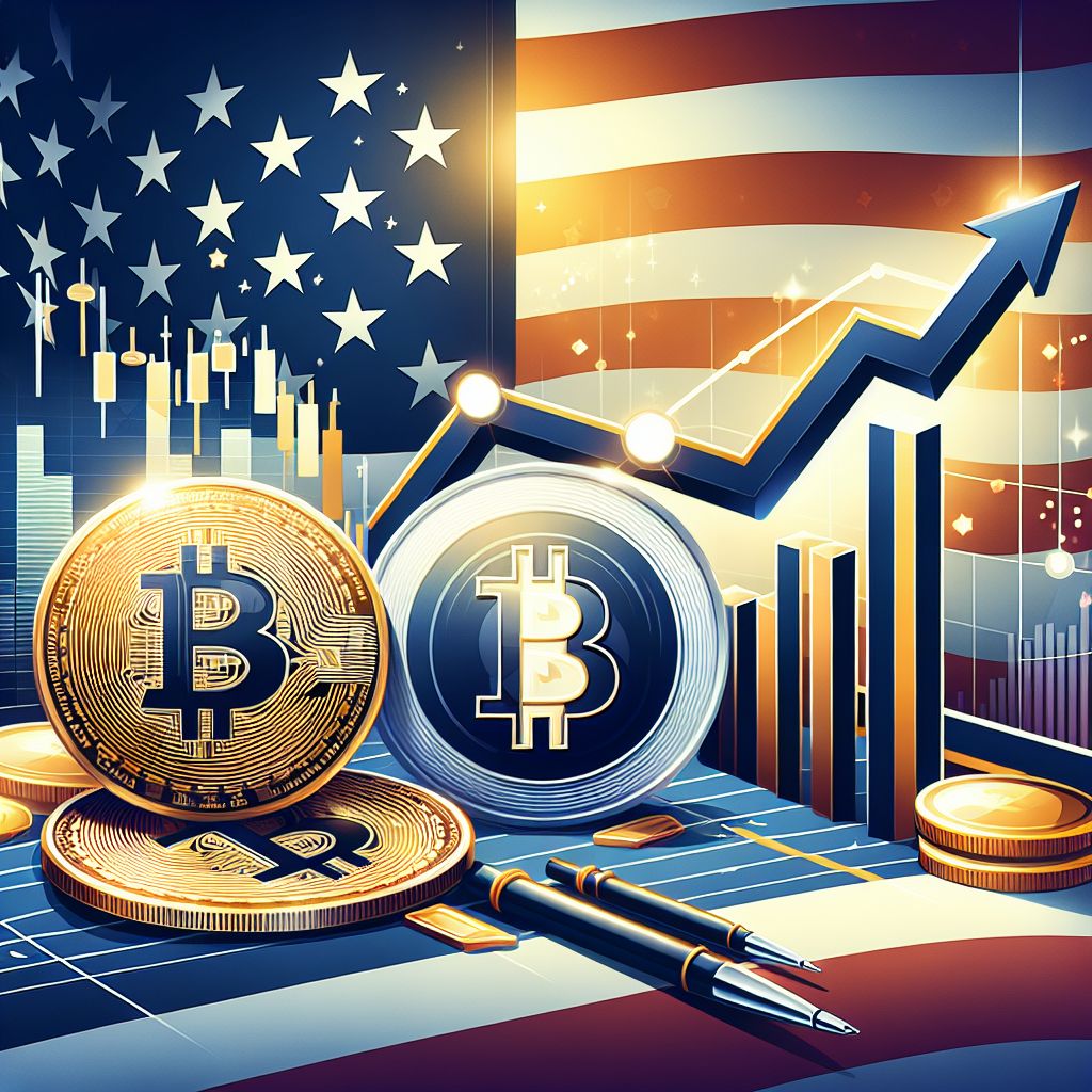 Flaga USA, BTC i rosnąca premia na wykresie