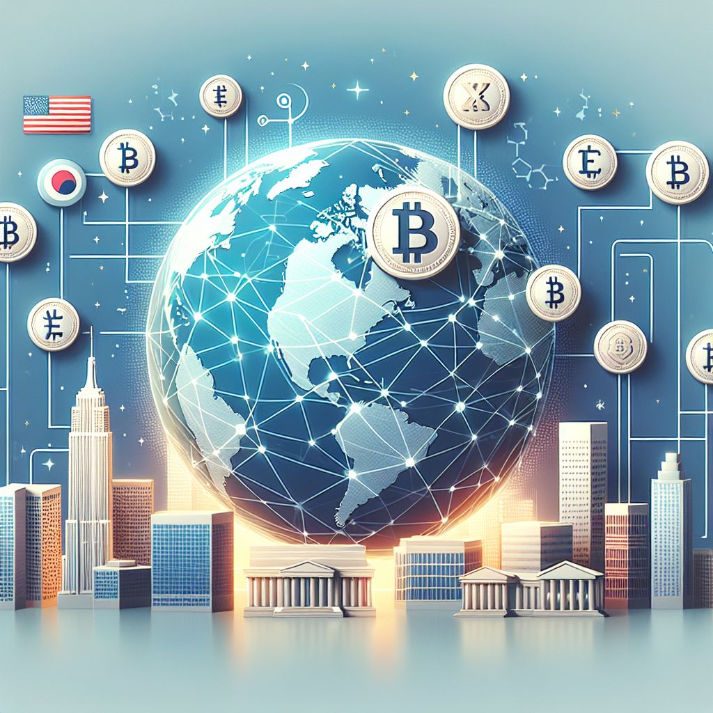 Symbole walut cyfrowych nad połączonymi osiami Waszyngton–Londyn–Tokio