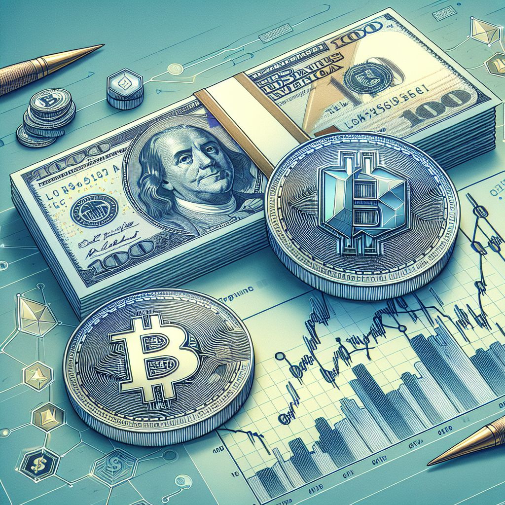 US $100 bill with two blockchain tokens and ascending chart