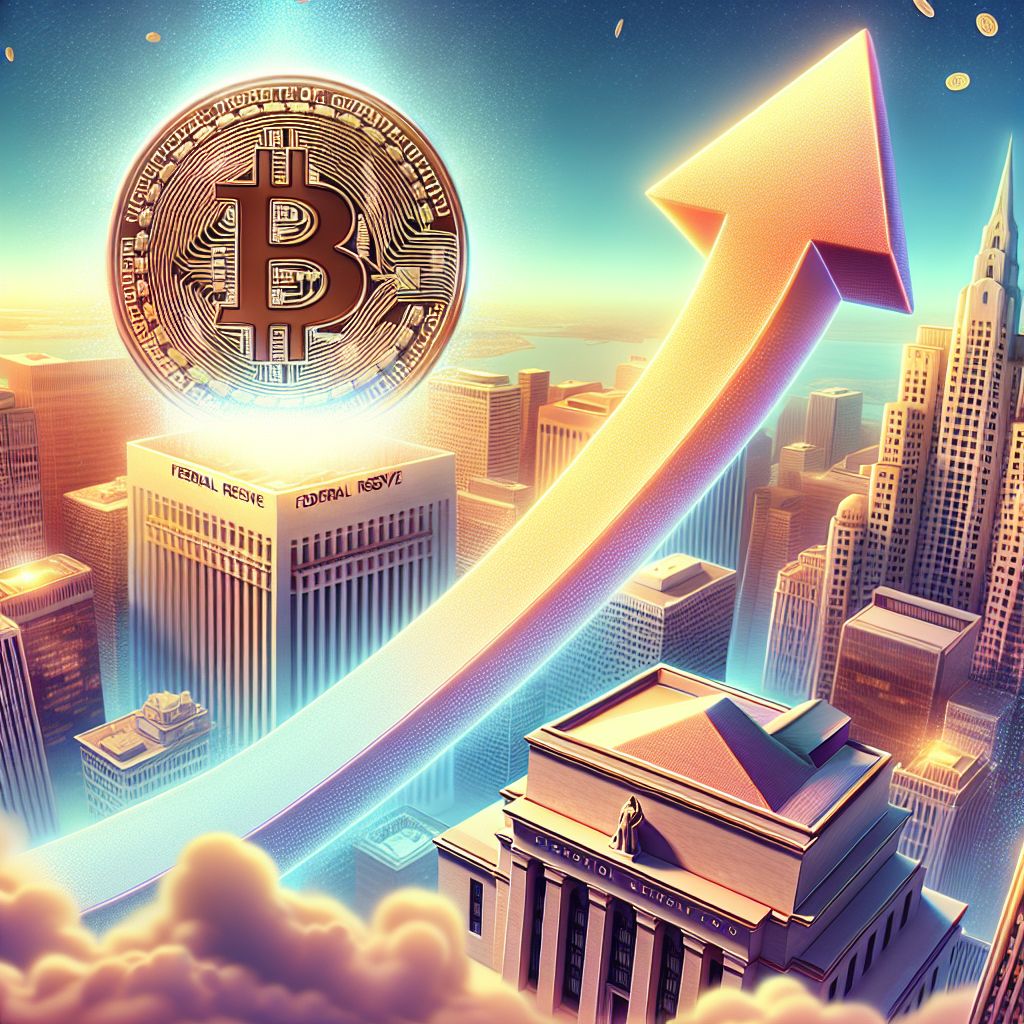 Bitcoin rising above $90,000 beside Federal Reserve building and upward arrow