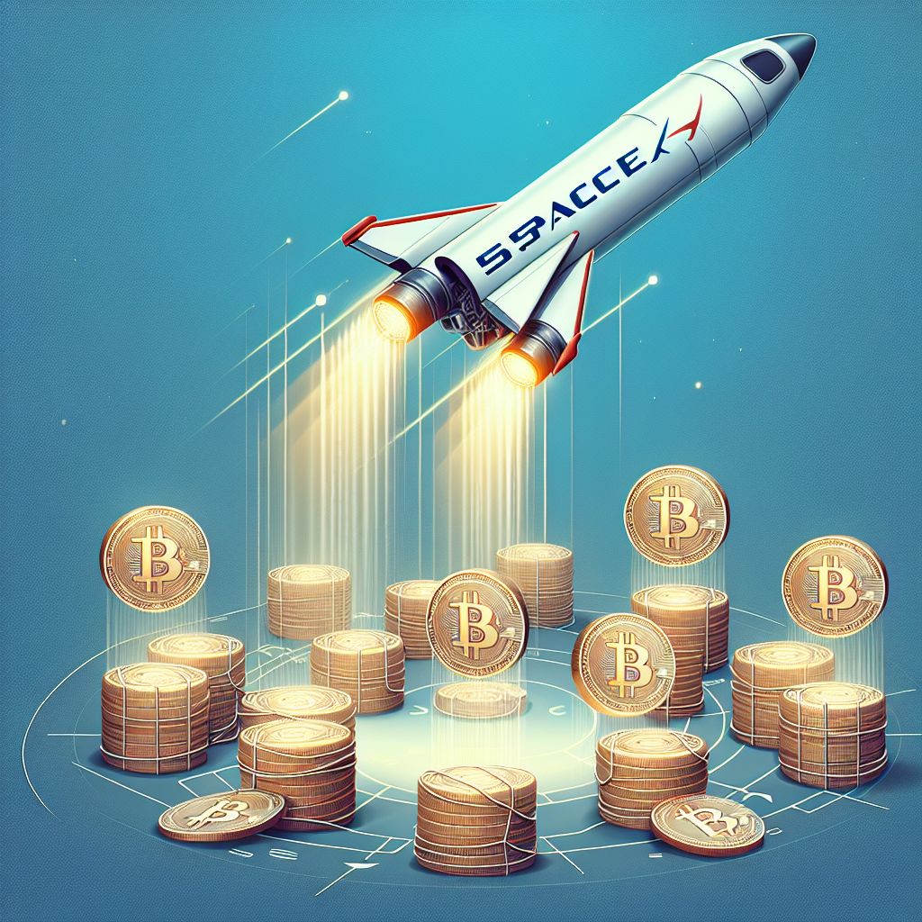 SpaceX rocket carrying Bitcoin icons toward anonymous unlabeled crypto wallets