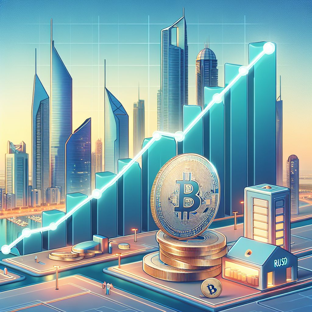 Moeda digital RLUSD com gráfico ascendente e horizonte de Abu Dhabi