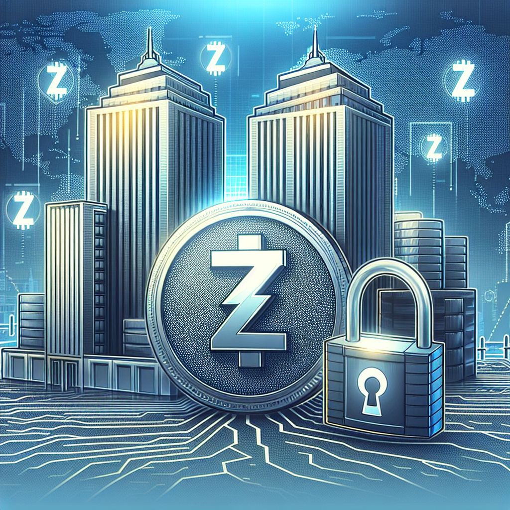 Moneda Zcash digital con candado frente a torres financieras