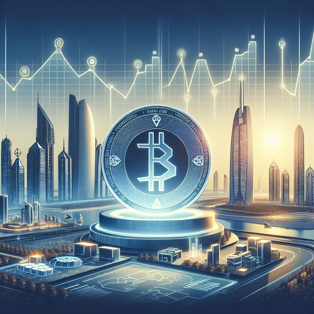 Token RLUSD sobre gráfico financiero y skyline de Abu Dhabi