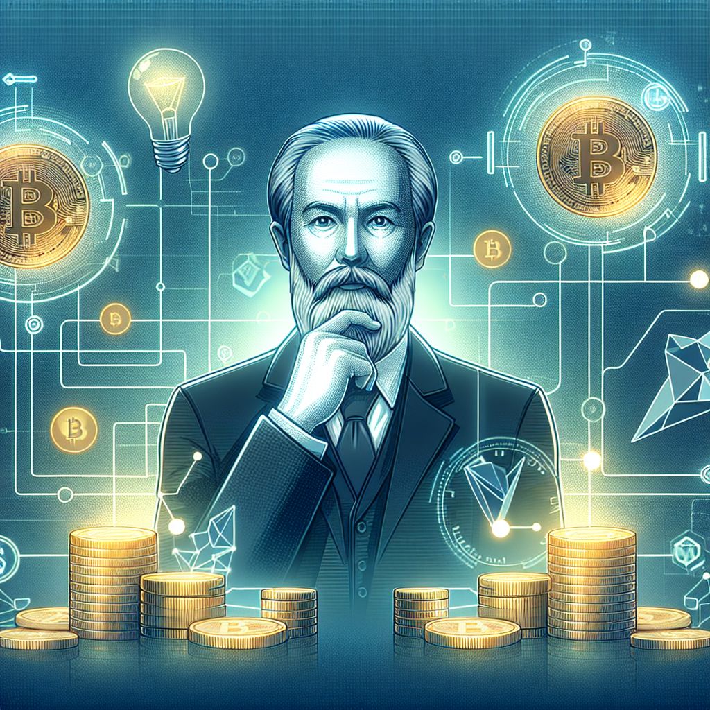 Портрет Милтона Фридмана на фоне цифровых монет и блокчейн‑сети