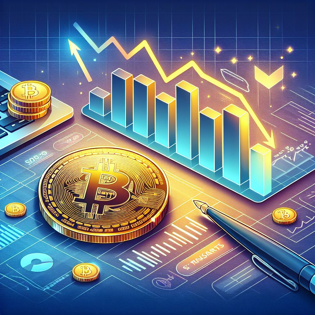 Биткоин-монета на фоне падающего графика, стрелки ликвидаций и переводов