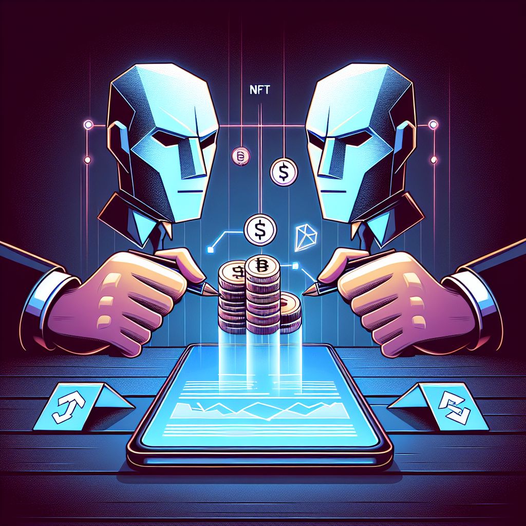 هاتف يعرض بيع NFT وخلفه وجهان متخاصمان