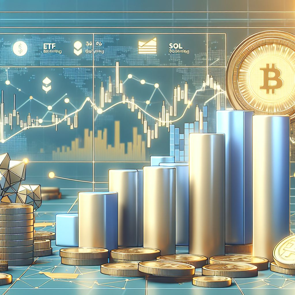 Wykres 21-dniowych napływów do ETF Solana, stos monet reprezentujących SOL