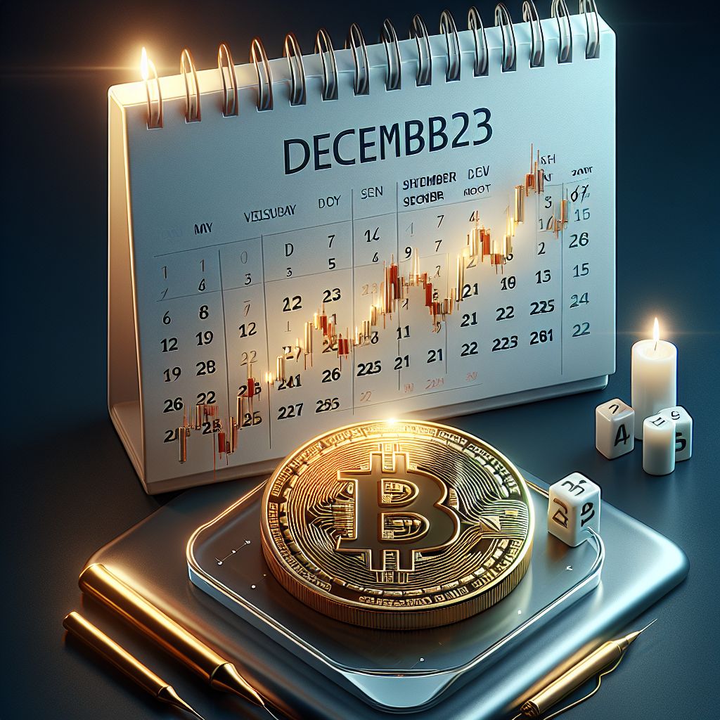 Bitcoin coin over December 2025 calendar and volatile candlestick chart