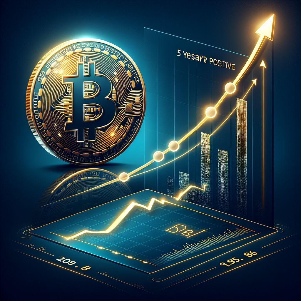 Bitcoin coin and upward price chart with five-year calendar