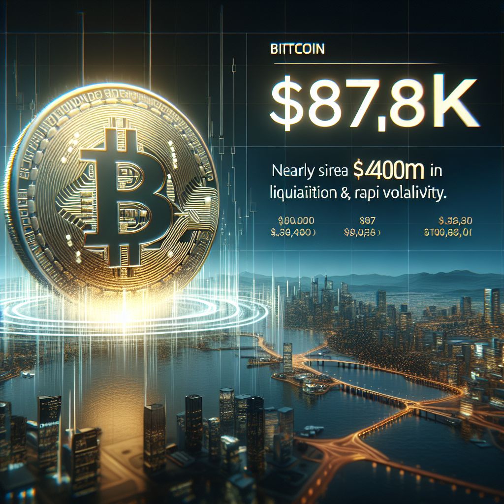 बिटकॉइन $87K से नीचे, लगभग $400M लिक्विडेशन और तेज अस्थिरता