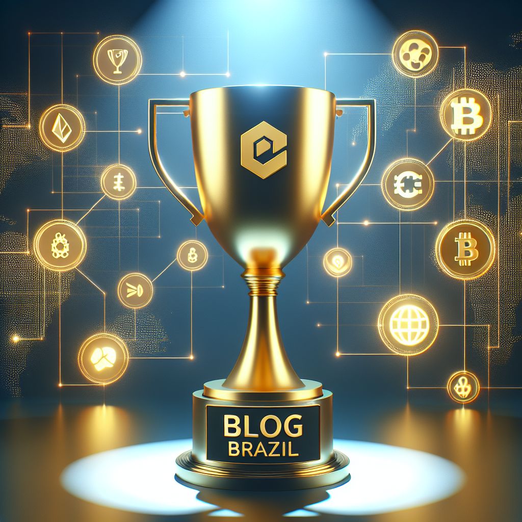 Troféu dourado com logotipo BeInCrypto Brasil e símbolos de criptomoedas