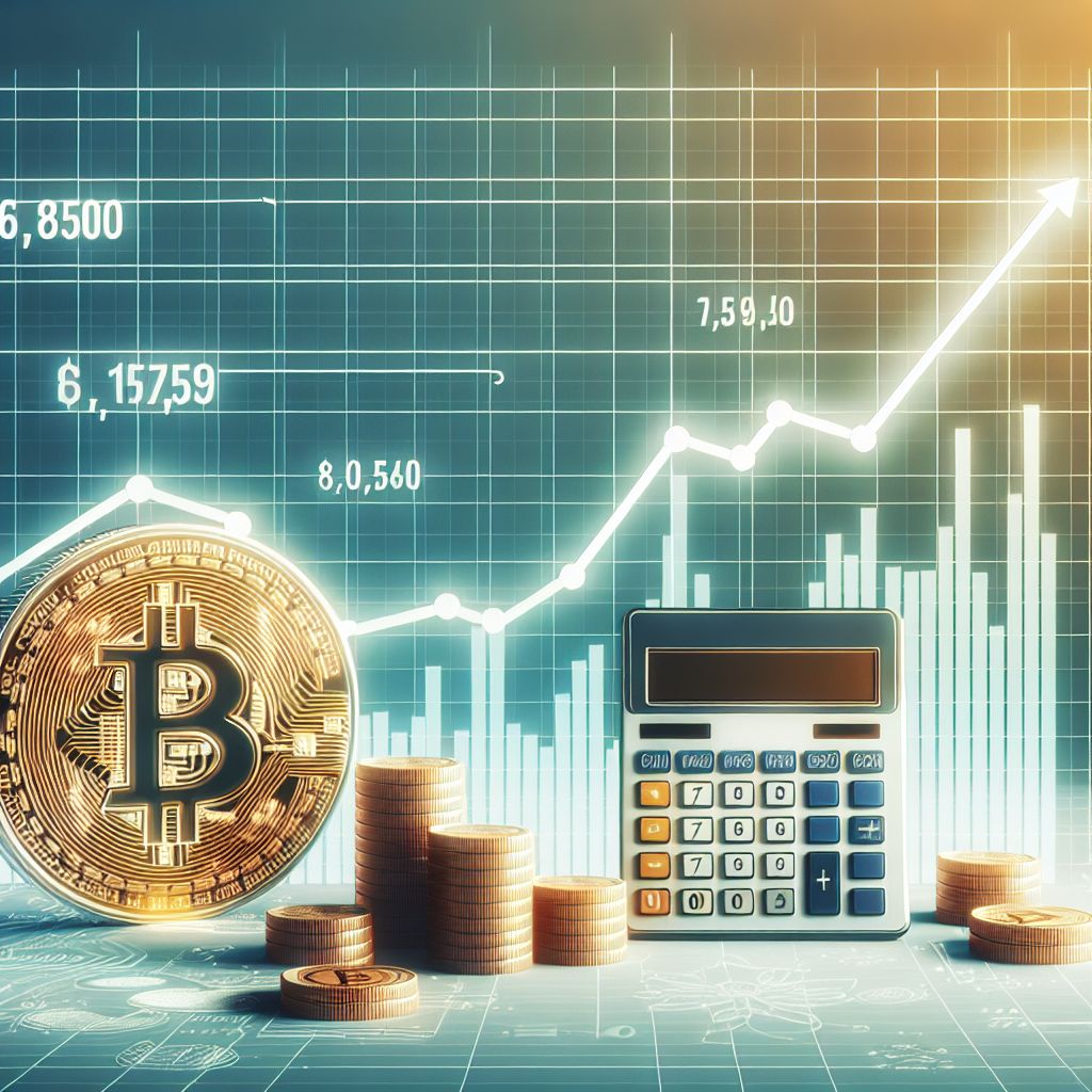 Moneda Bitcoin digital sobre gráfico ascendente y calculadora financiera