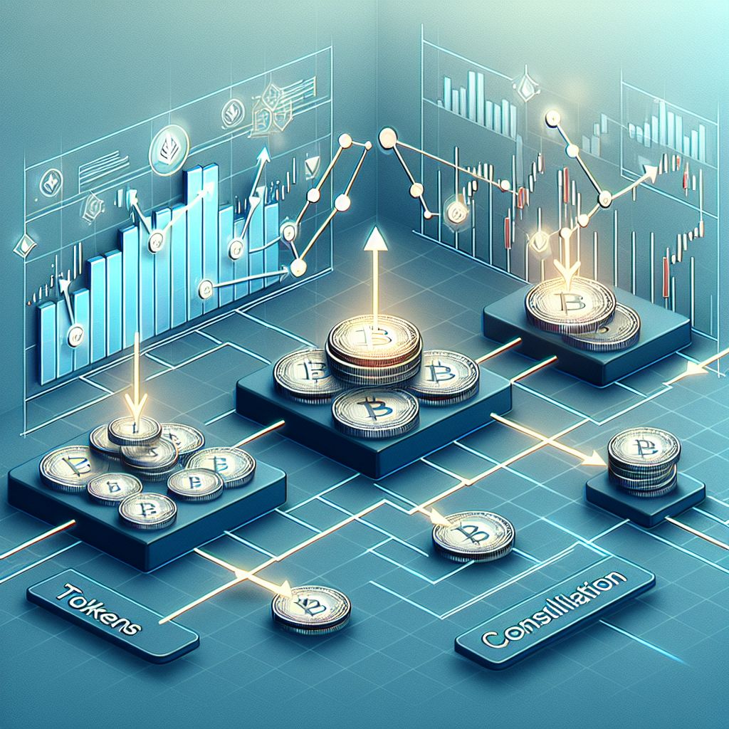 Граф транзакций блокчейна с консолидированными токенами и стрелками на биржи
