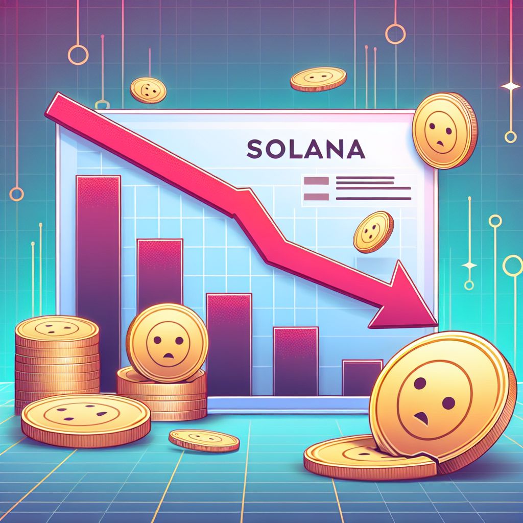 Падающий график доли мемкоинов Solana с логотипом и убывающими монетами