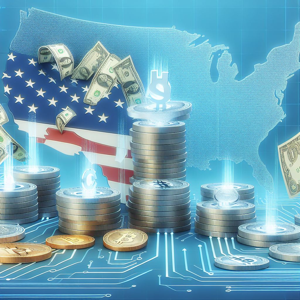 عملات رقمية أمام خريطة الولايات المتحدة وتدفقات الدولارات