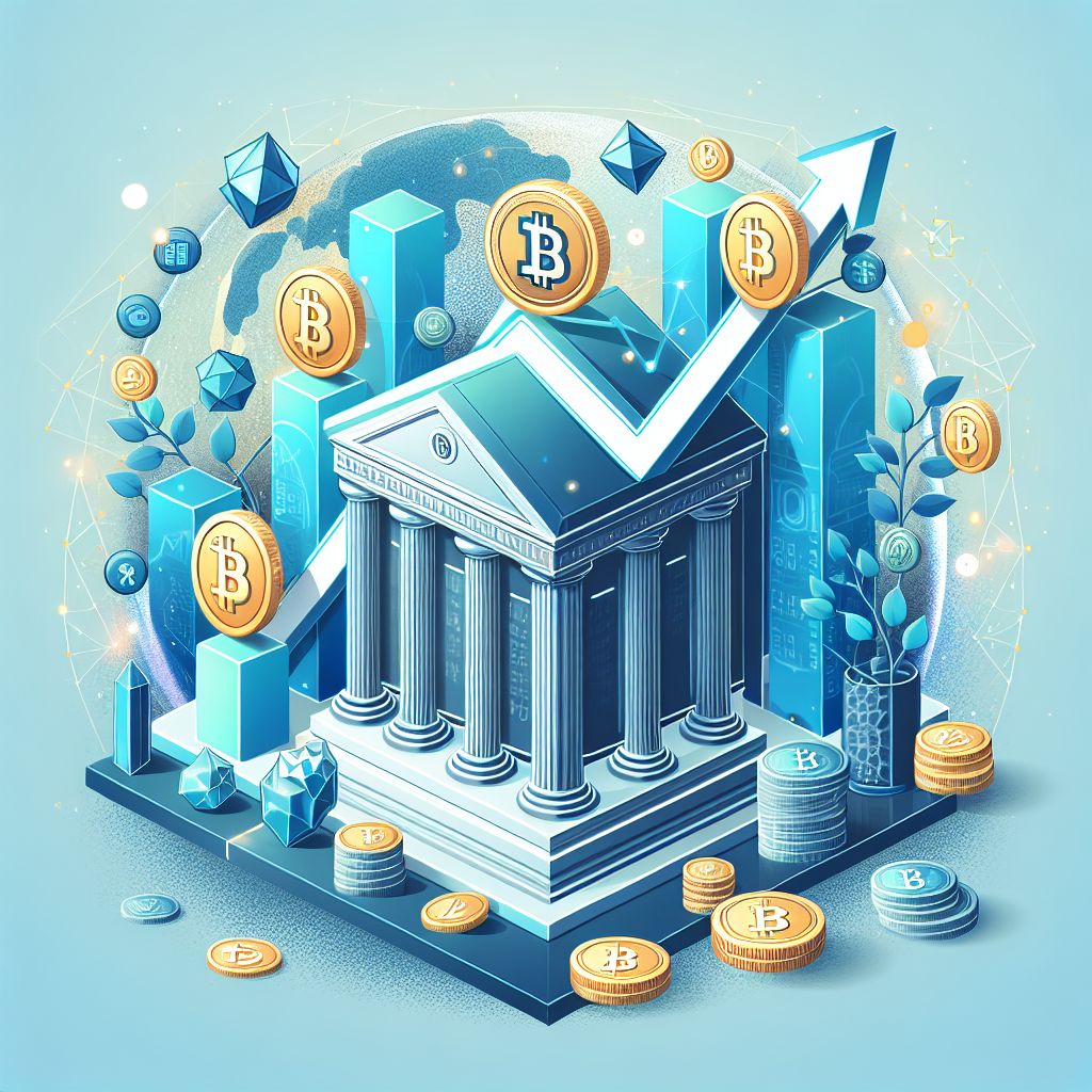 Gedung The Fed dengan simbol kripto dan grafik pasar naik