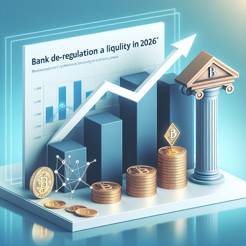 Bank i wykres kryptowalut ze strzałką wskazującą wzrost płynności w 2026