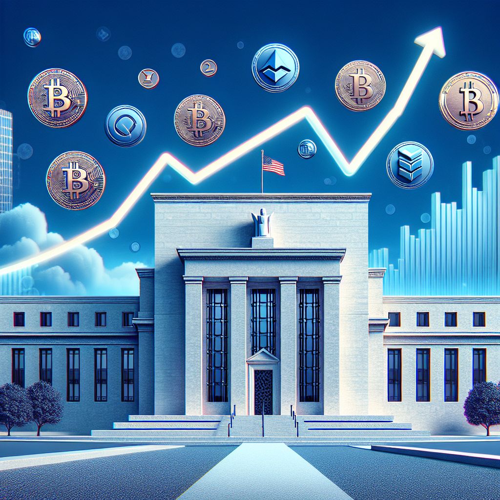 Altcoin symbols rising above Fed building with upward liquidity chart
