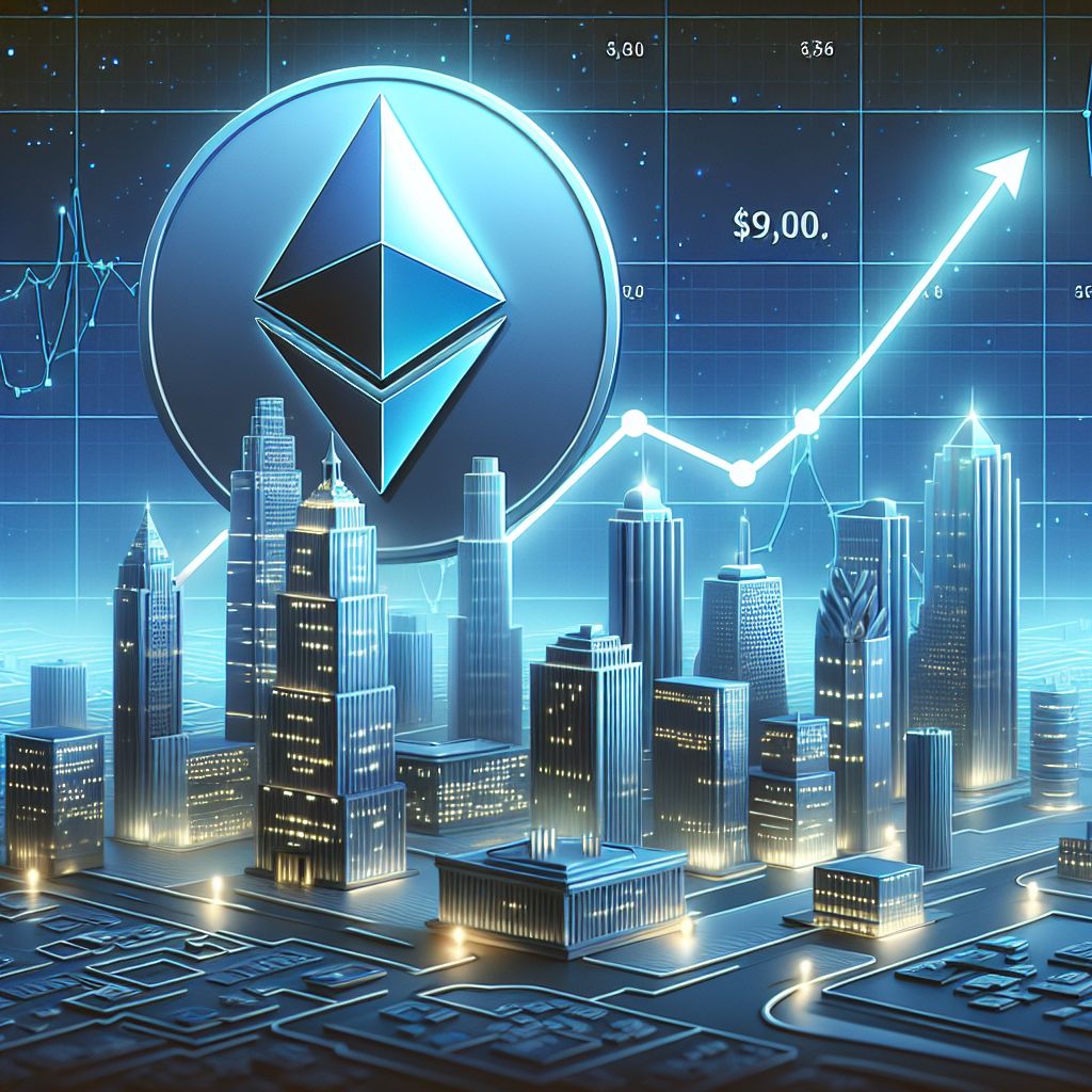 Ethereum token above institutional skyline with ascending chart labeled $9,000