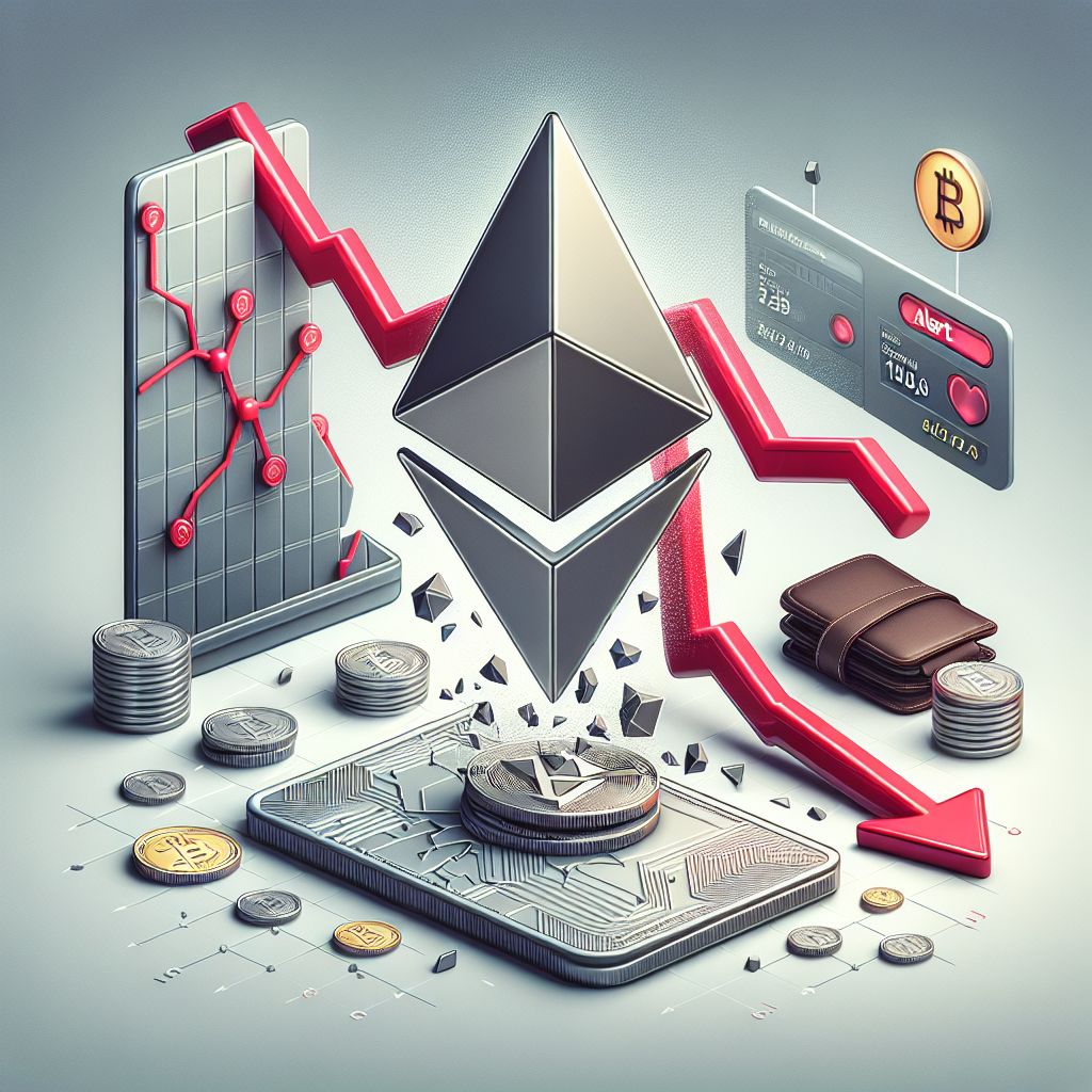 Falling Ethereum logo, red descending chart, cracked wallet, liquidation alert