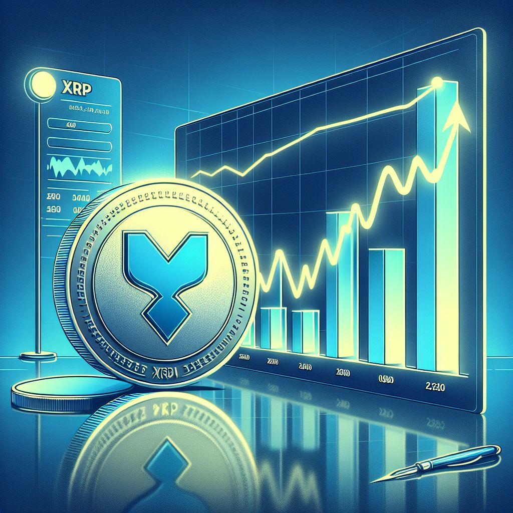 XRP coin beside 2031 price chart with upward and downward arrows