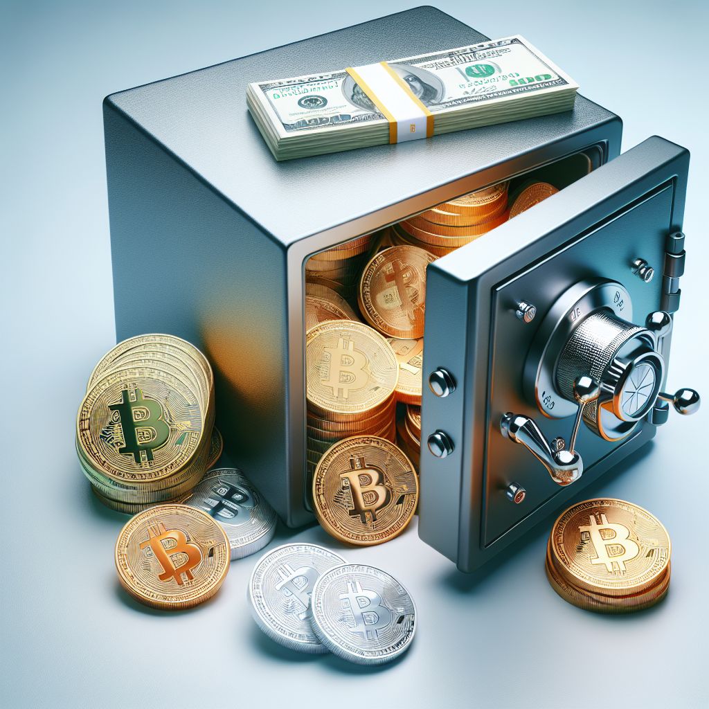 Cofre aberto com notas de dólar e moedas Bitcoin