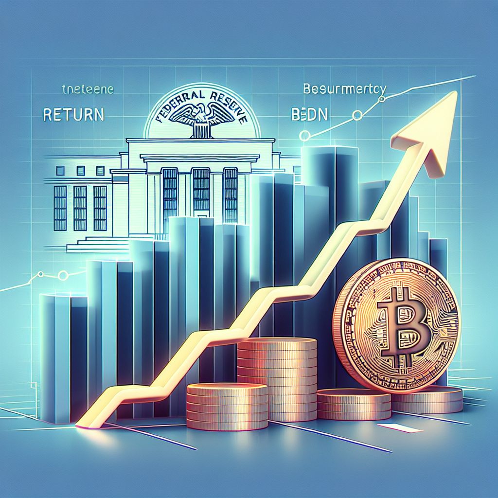 Gráfico ascendente de altcoins sobreposto ao símbolo do Fed