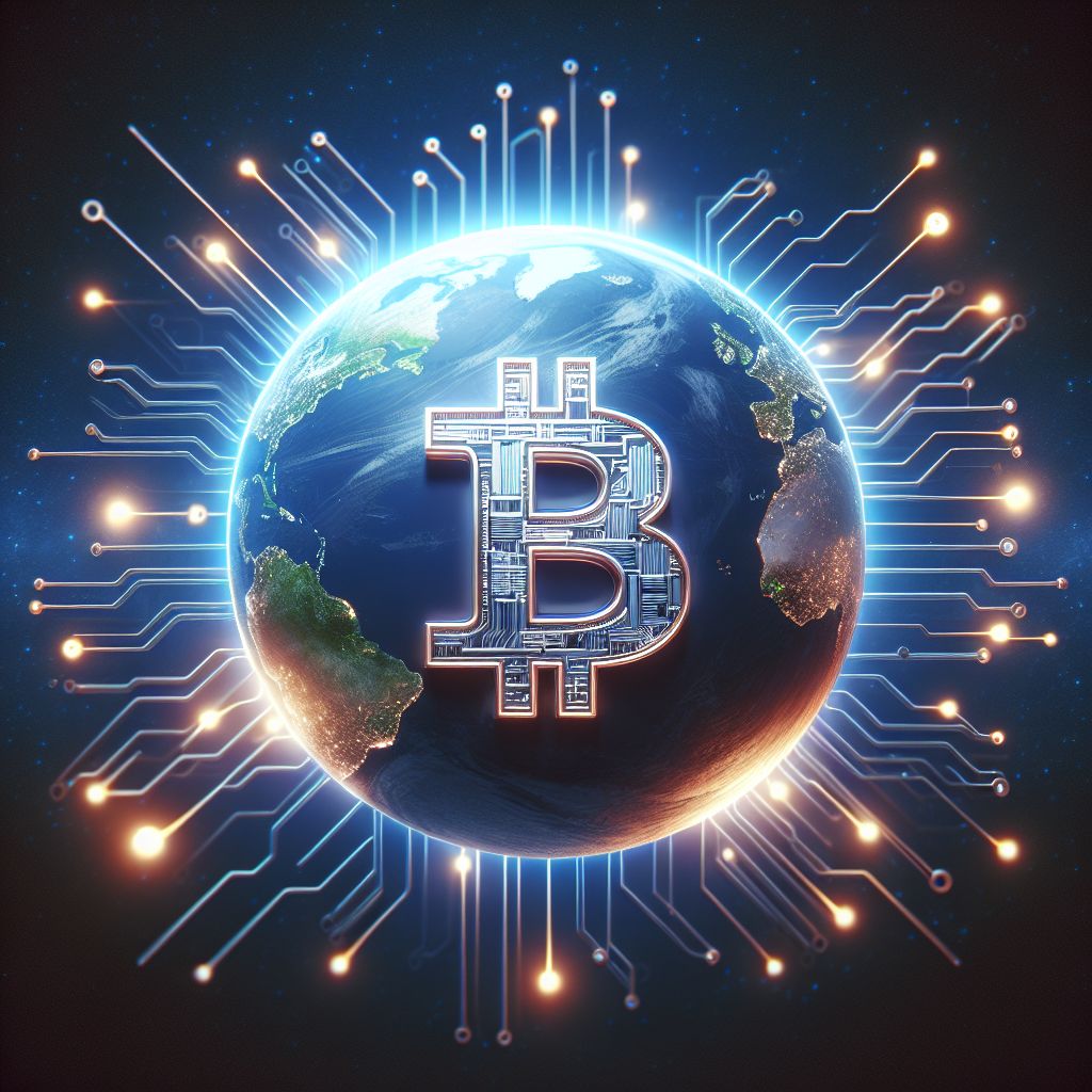 Bitcoin sobre un planeta iluminado por circuitos energéticos