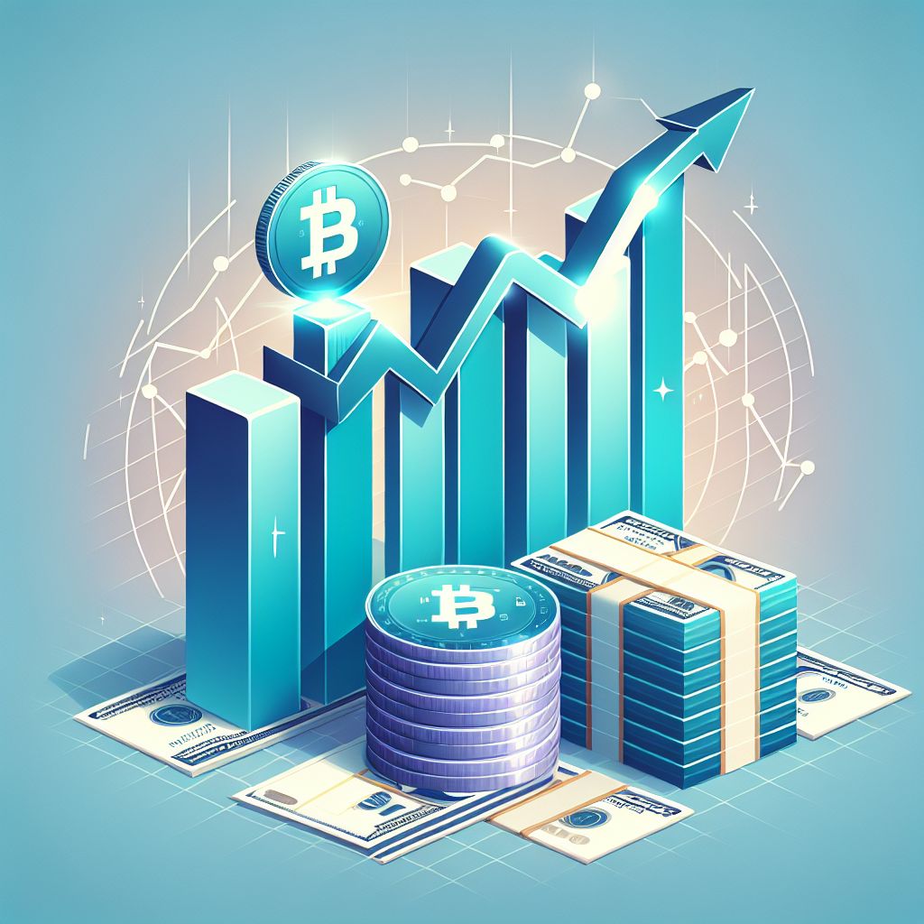 Monedas cripto y gráfico alcista sobre montones de billetes