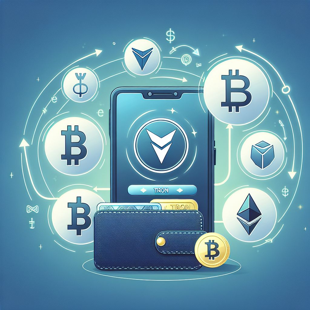 Смартфон с открытым кошельком, логотипы TRON, USDT, BTC, ETH и стрелки обмена