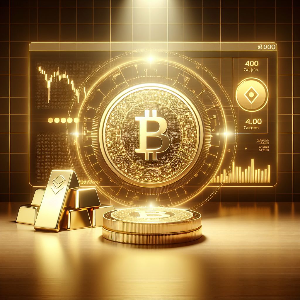 رمز رقمي ذهبي أمام سبائك وشاشة أسعار العملات المستقرة