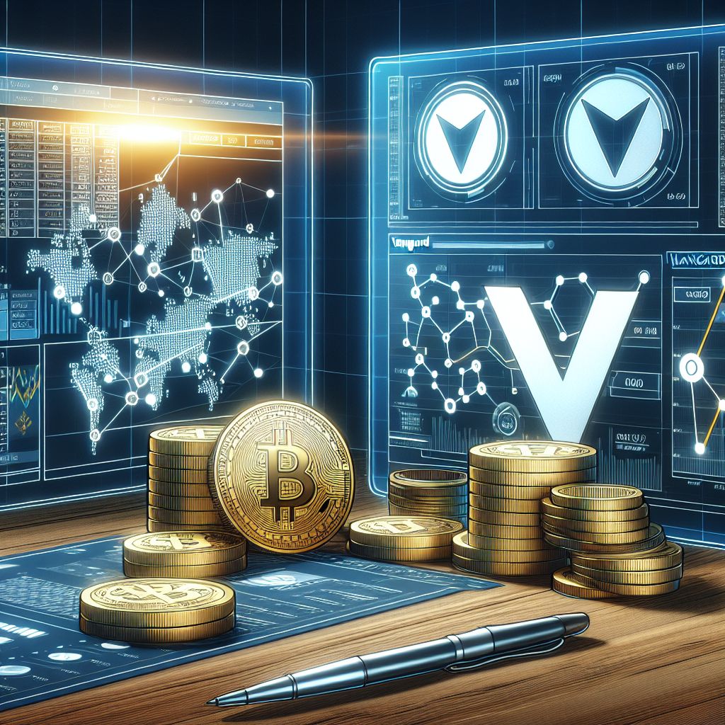 شعار فانغارد مع رموز العملات الرقمية وخلفية شاشات تداول