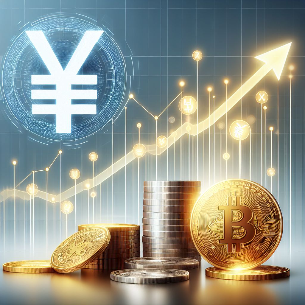 عملات رقمية أمام رمز اليوان ومخطط أسعار صاعد