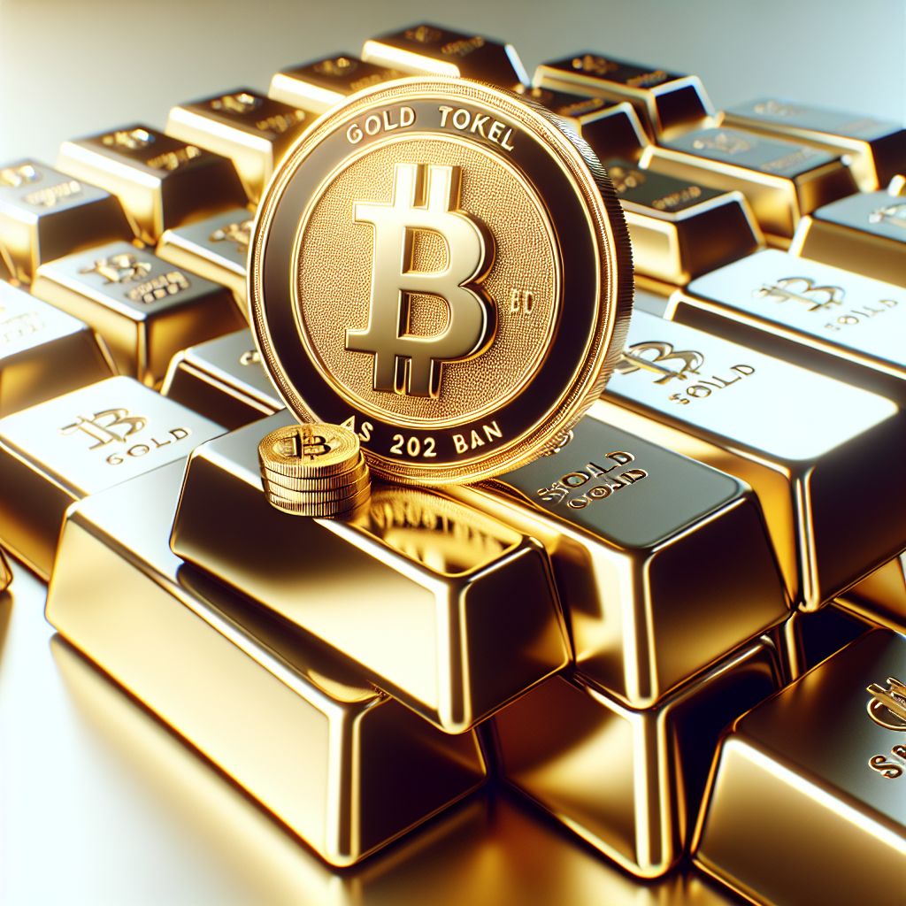 Token emas digital di atas tumpukan batangan emas berkilau