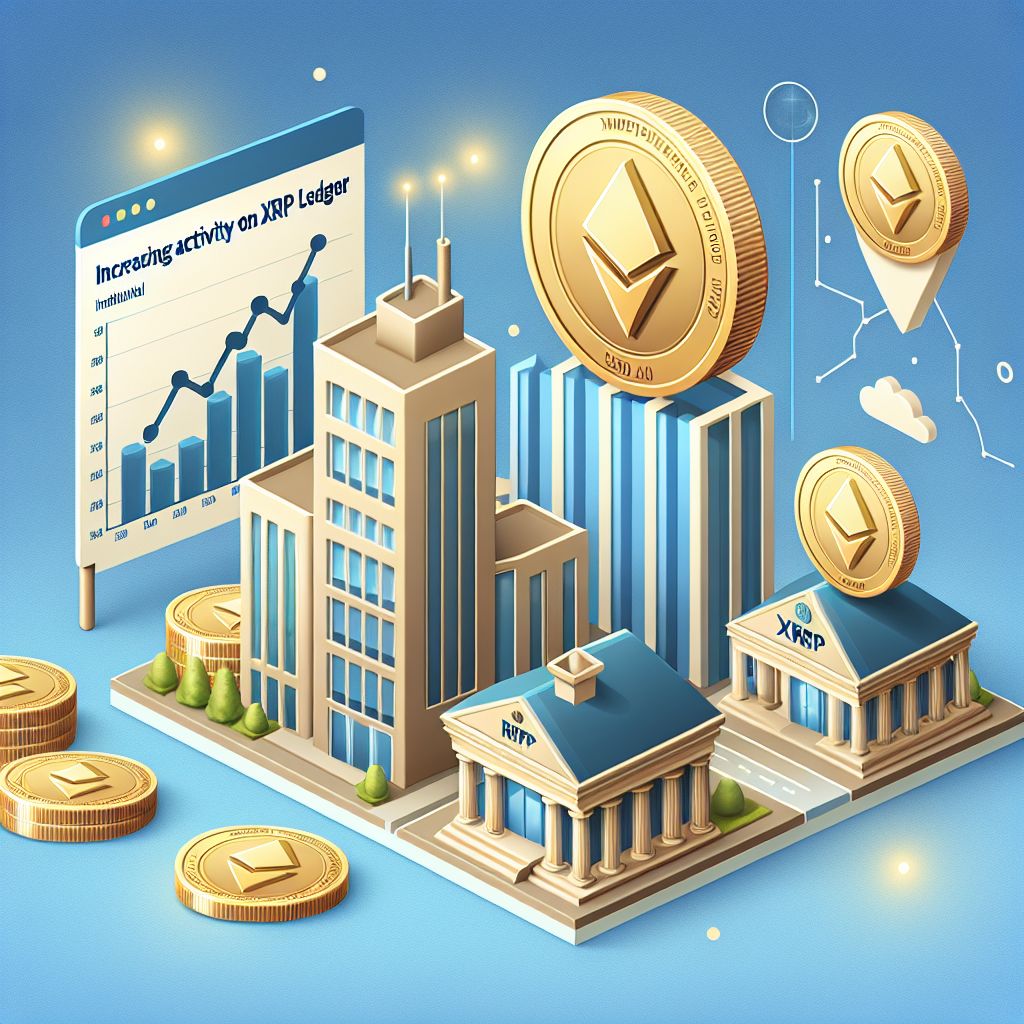 Monety XRP, wykres wzrostu i budynki instytucji finansowych